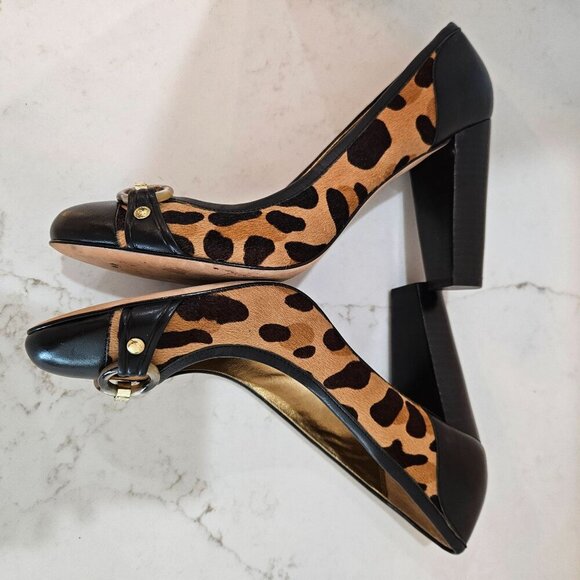 SOLD DO NOT BUY Calf Hair Black Leather Heels Sz 9.5 B Gold Detail Mob Wife - Picture 5 of 12
